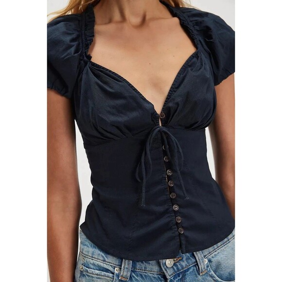 Free People Summer Short Sleeve Blouse Shirt Top Black Ruffle Chic XS NWT 284686 - Picture 2 of 7